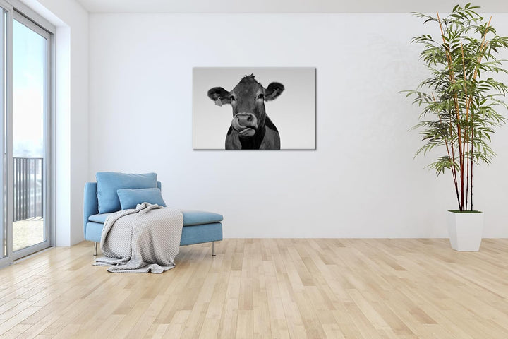 deyoli lustige Kuh Format: 60x40 Effekt: Schwarz/Weiss als Leinwand, Motiv fertig gerahmt auf Echtho