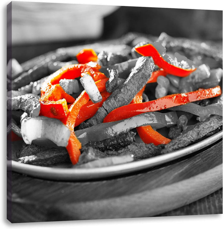 Gegarte Fleischpfanne mit Paprika als Leinwandbild Quadratisch| Grösse: 70x70 | Wandbild| Kunstdruck