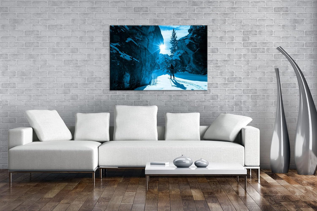 deyoli schneebedeckter Schneepass Format 100x70 Effekt: Monocrome Blau als Leinwandbild, Motiv ferti