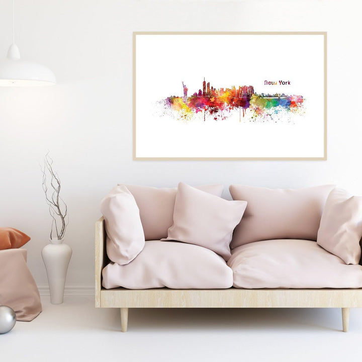 JUNIWORDS Poster mit/ohne Holzrahmen, Wähle ein Motiv, Aquarell Skyline New York, Wähle eine Grösse,