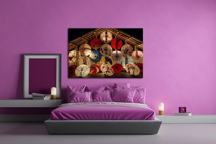 deyoli viele bunte japanische Regenschirme Format: 100x70 als Leinwand, Motiv fertig gerahmt auf Ech