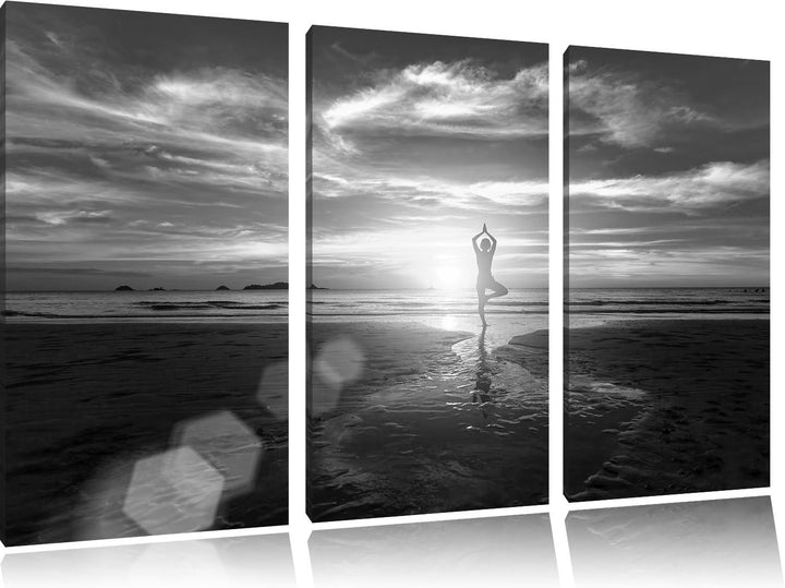 Pixxprint Yoga Silhouette am Strand als Leinwandbild/Grösse: 3 Teilig (120x80 cm) cm/Wandbild/Kunstd