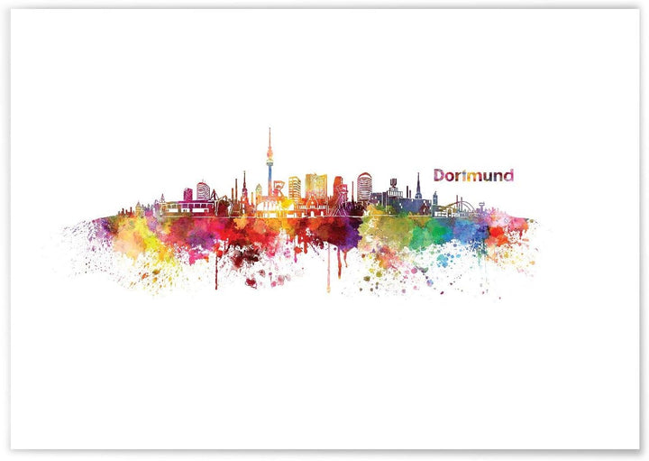JUNIWORDS Poster mit/ohne Holzrahmen, Wähle ein Motiv, Aquarell Skyline Dortmund, Wähle eine Grösse,