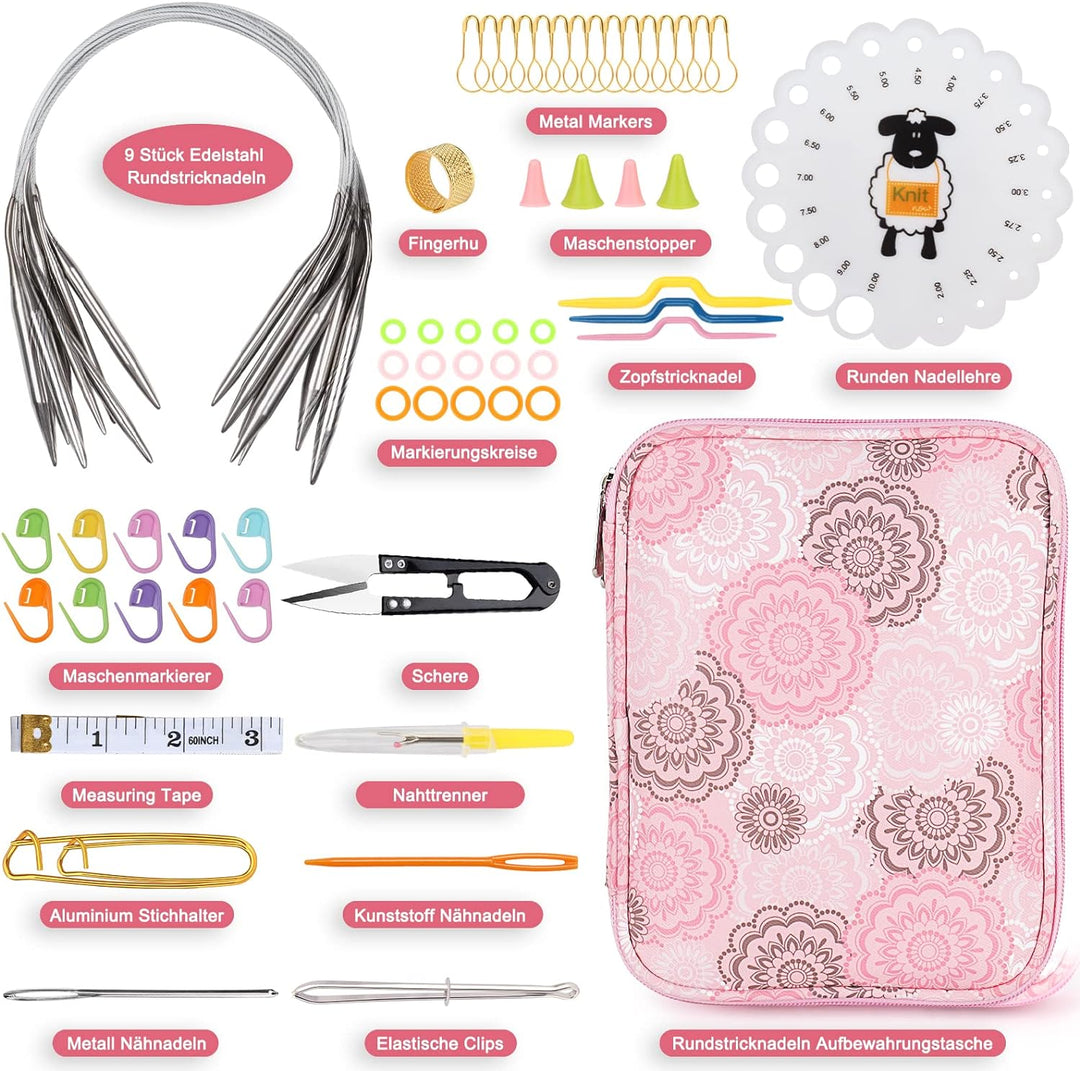 Coopay Rundstricknadeln 40 cm Edelstahl Rundstricknadel Set mit Tasche & Strickzubehör, 2,5-10 mm Me