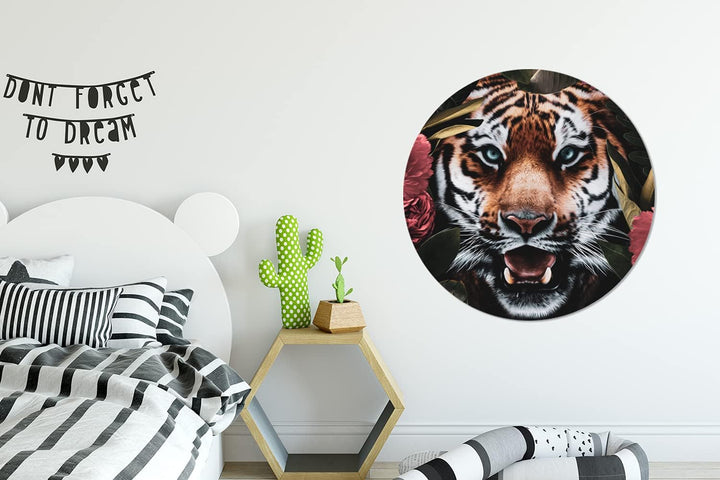 MuchoWow Wandbild Rund Wanddeko Deko Wohnzimmer Bilder 90x90 cm Tiger - Blumen - Dschungel, 90x90 cm