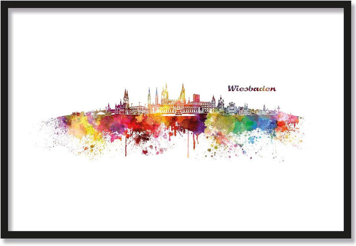 JUNIWORDS Poster mit/ohne Holzrahmen, Wähle ein Motiv, Aquarell Skyline Wiesbaden, Wähle eine Grösse