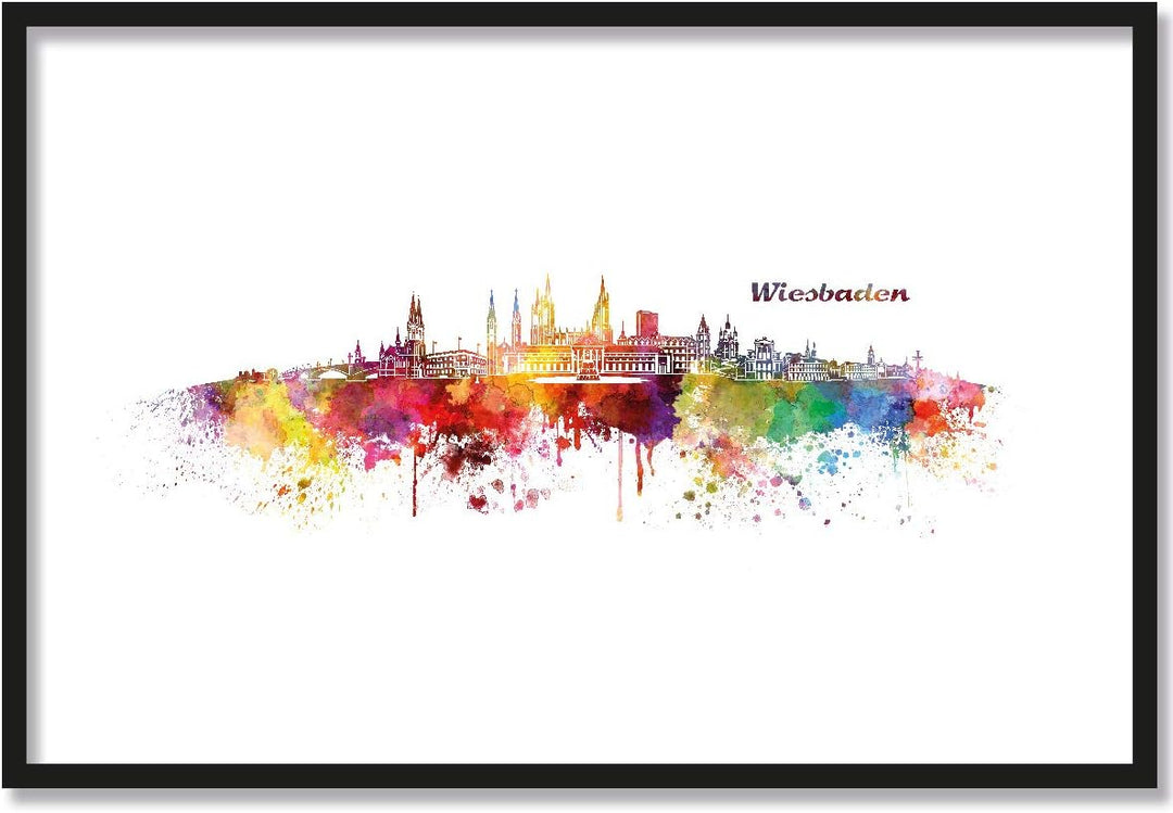 JUNIWORDS Poster mit/ohne Holzrahmen, Wähle ein Motiv, Aquarell Skyline Wiesbaden, Wähle eine Grösse