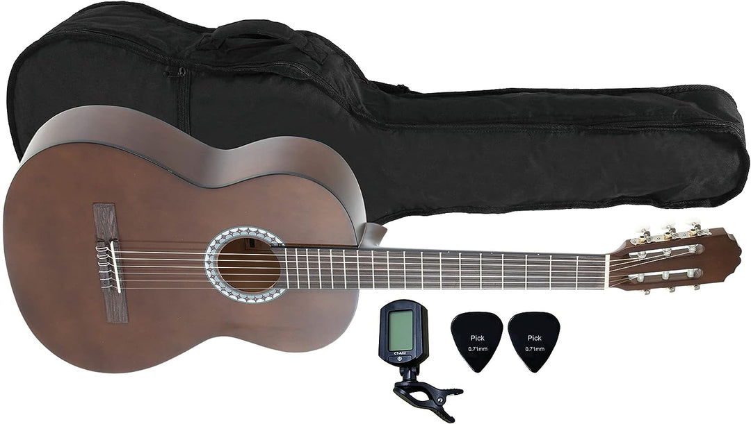 GEWApure Konzertgitarre BASIC SET 3/4 walnussfarbig, mit Tasche, ClipTuner und 2 Plektren 3/4 Set wa