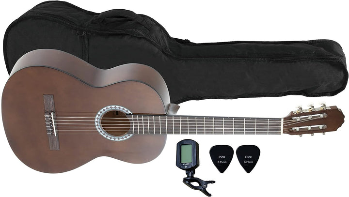 GEWApure Konzertgitarre BASIC SET 3/4 walnussfarbig, mit Tasche, ClipTuner und 2 Plektren 3/4 Set wa