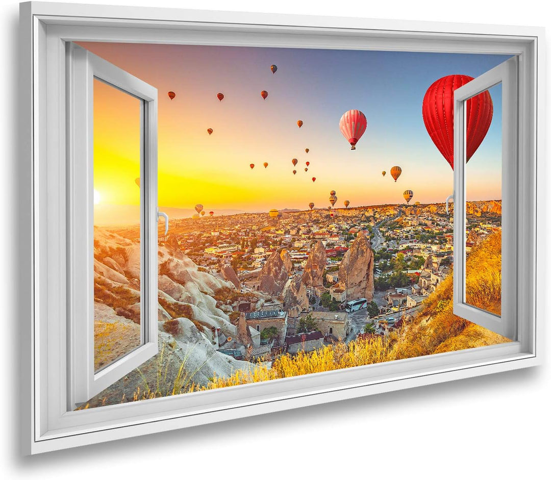 islandburner Bild auf Leinwand Fensterblick Heissluftballons fliegen über das spektakuläre Kappadoki