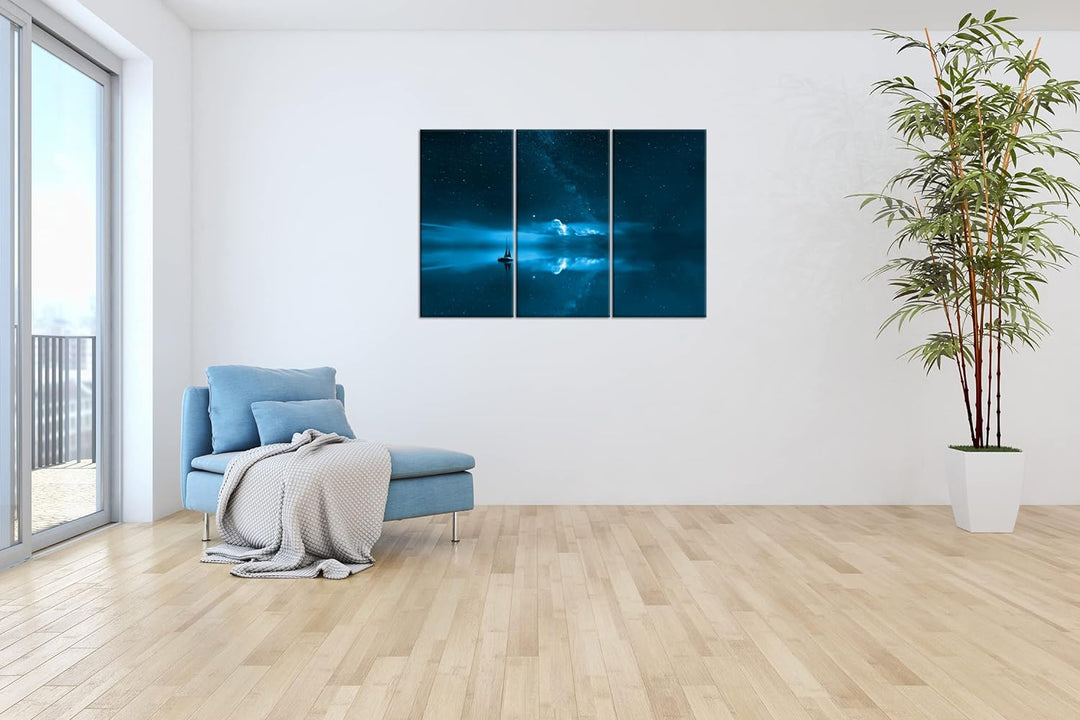 deyoli Sternenhimmel auf See Format: 120x80 3Teilig Effekt: Monocrome Blau als Leinwand, Motiv ferti
