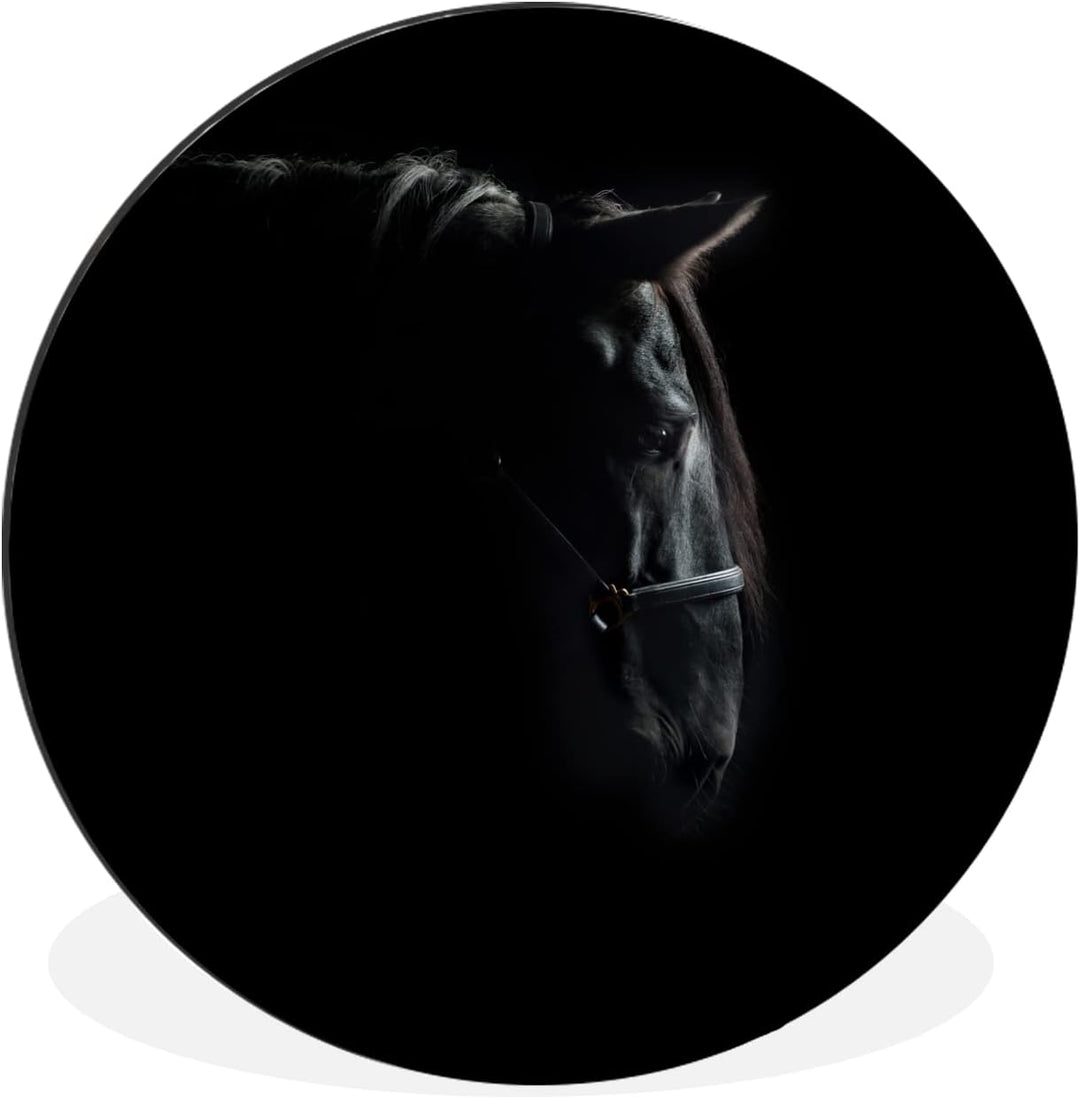 MuchoWow Wandbild Rund Wanddeko Deko Wohnzimmer Bilder 90x90 cm Pferd - Leicht - Schwarz, 90x90 cm