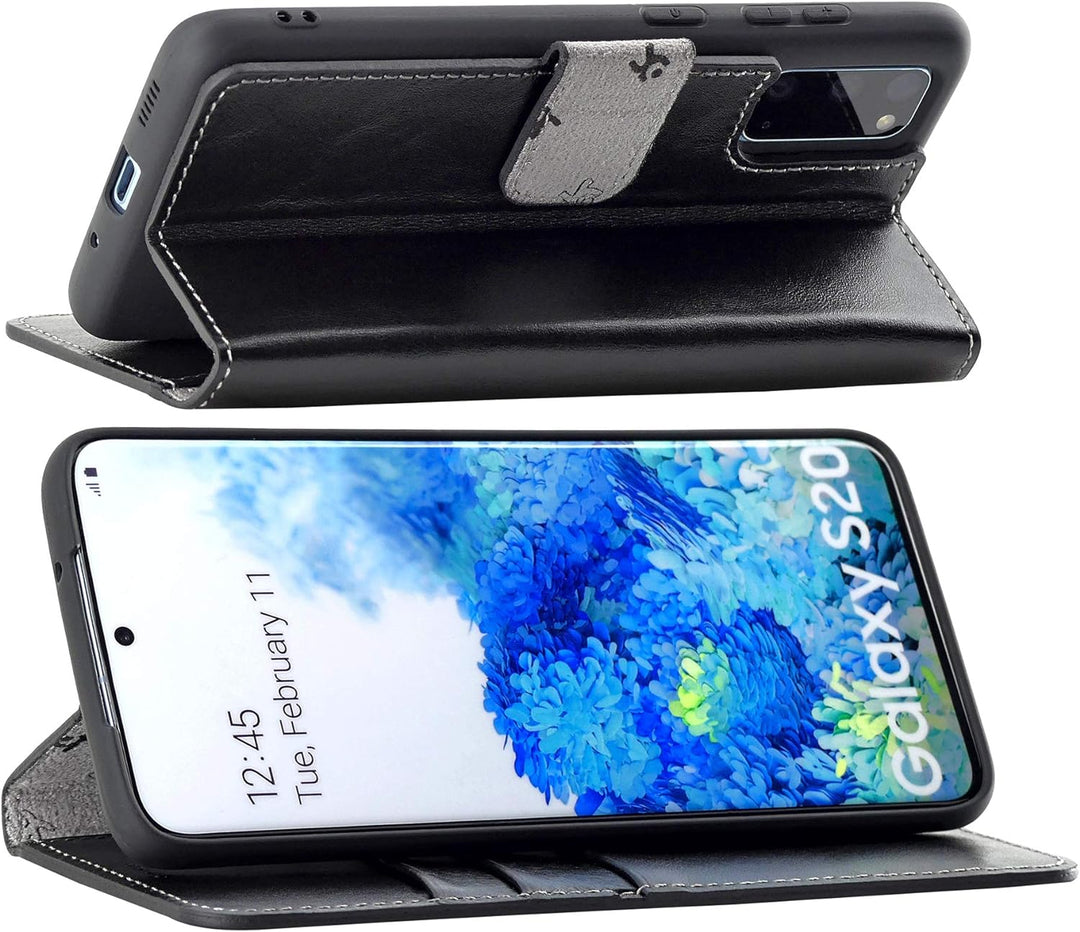 Suncase Book-Style Hülle kompatibel mit Samsung Galaxy S20 Leder Tasche (Slim-Fit) Lederhülle Handyt
