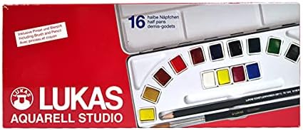 LUKAS AQUARELL STUDIO, Aquarellfarben in Premium-Qualität, Set mit 16 x 1/2-Näpfchen mit Pinsel und
