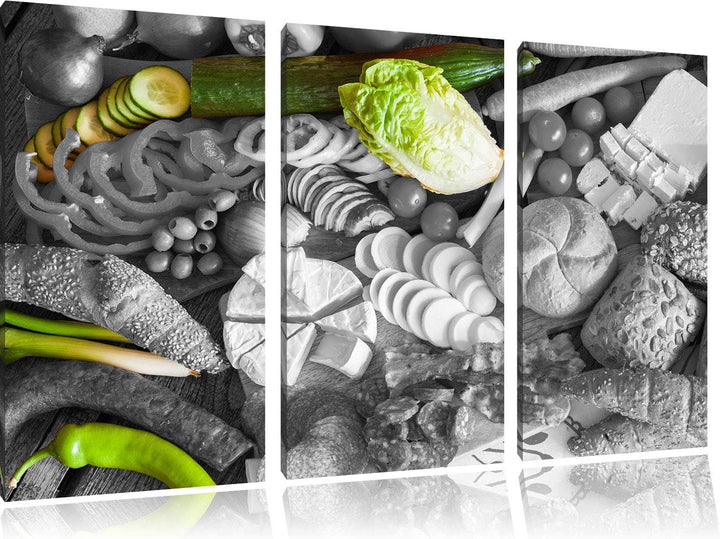 Früstücksplatte mit Gemüse schwarz/weiss 3-Teiler Leinwandbild 120x80 Bild auf Leinwand, XXL riesige