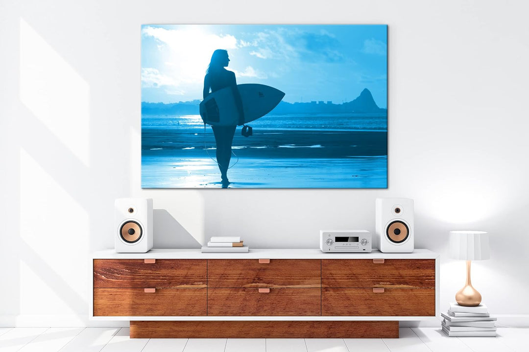 deyoli Surfen im Sonnenuntergang Format: 80x60 Effekt: Monocrome Blau als Leinwandbild, Motiv fertig