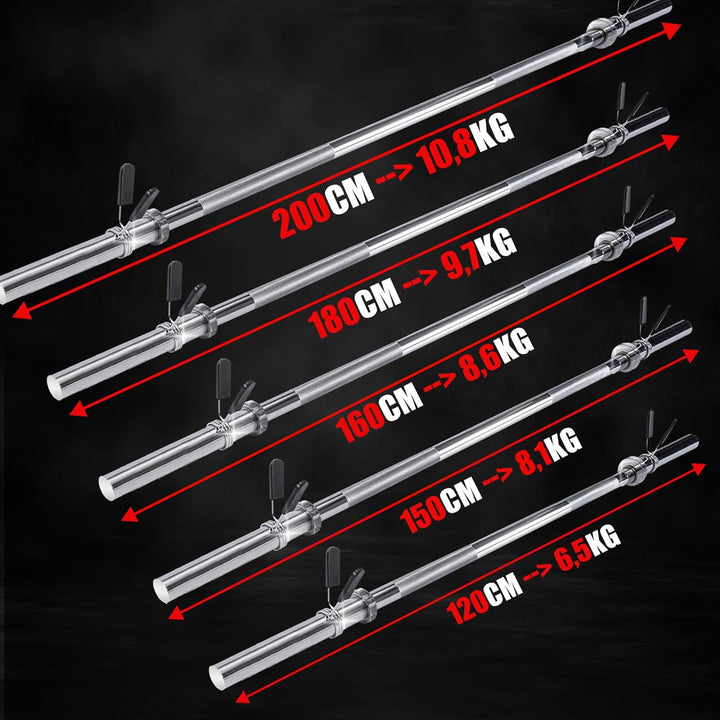 wuuhoo® Langhantelstange John - 200cm / 180 cm / 160 cm / 150 cm / 120 cm, 30mm, Stahl verchromte Ha