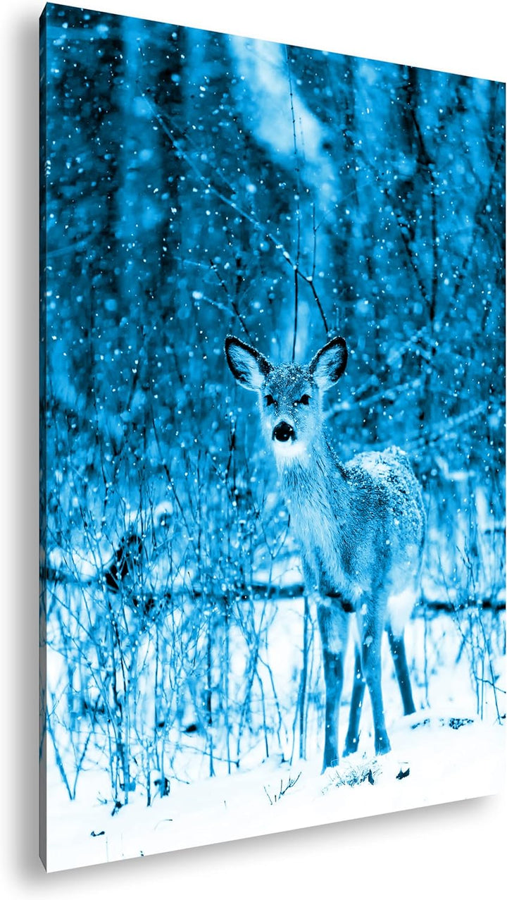 deyoli niedliches Reh im Schnee Format: 80x60 Effekt: Monocrome Blau als Leinwand, Motiv fertig gera