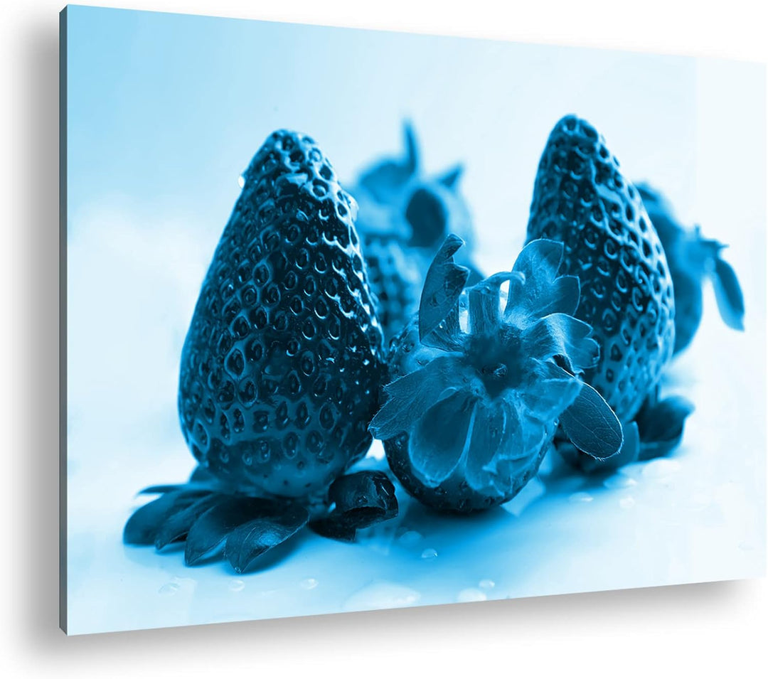 deyoli Knallrote Erdbeeren Format 80x60 Effekt: Monocrome Blau als Leinwandbild, Motiv fertig gerahm