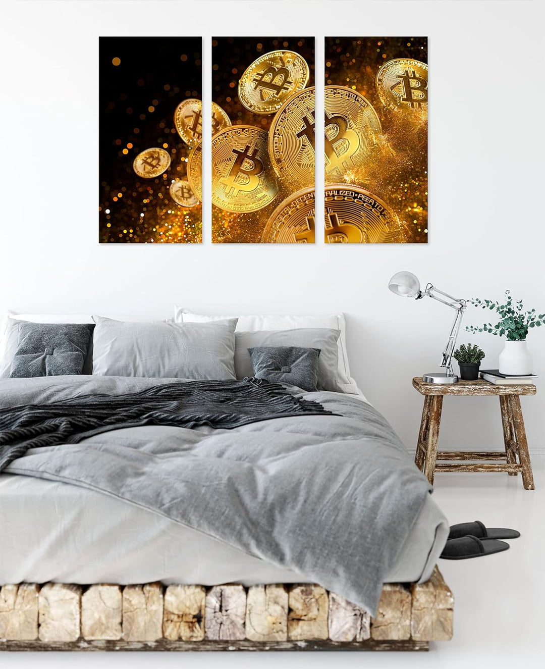 funkelnder Bitcoin BTCals Leinwandbild 3 teilig | Grösse: 120x80 cm | Wandbild | Kunstdruck | fertig