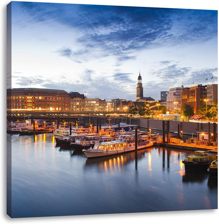 Hamburger Hafen am Abend, Format: 70x70 auf Leinwand, XXL riesige Bilder fertig gerahmt mit Keilrahm