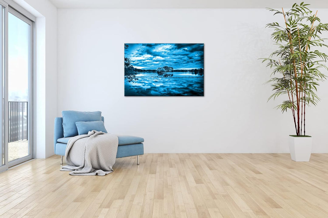 deyoli malerischer bewölkter See Format 80x60 Effekt: Monocrome Blau als Leinwandbild, Motiv fertig