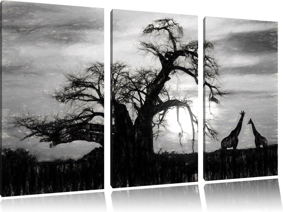 Pixxprint Zwei Giraffen in der Wüste Kohle Zeichnung Effekt 3-Teiler Leinwandbild 120x80 Bild auf Le