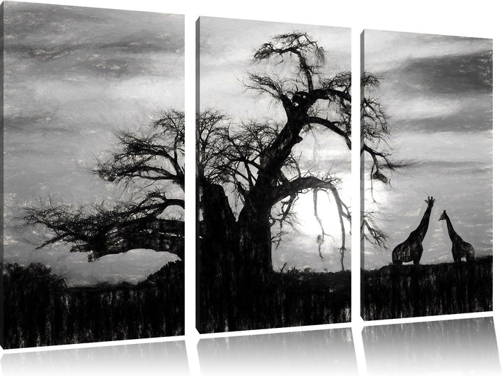 Pixxprint Zwei Giraffen in der Wüste Kohle Zeichnung Effekt 3-Teiler Leinwandbild 120x80 Bild auf Le