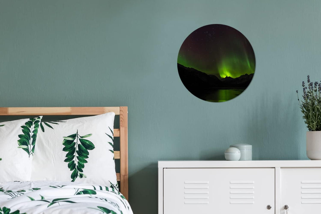 MuchoWow Wandbild Rund Wanddeko Deko Wohnzimmer Bilder 30x30 cm Aurora - Sternenhimmel - Berge, 30x3