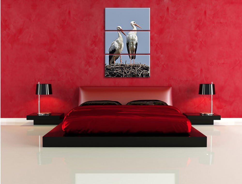 Pixxprint Zwei stolze Störche im Nest 3-Teiler Leinwandbild 120x80 Bild auf Leinwand, riesige Bilder