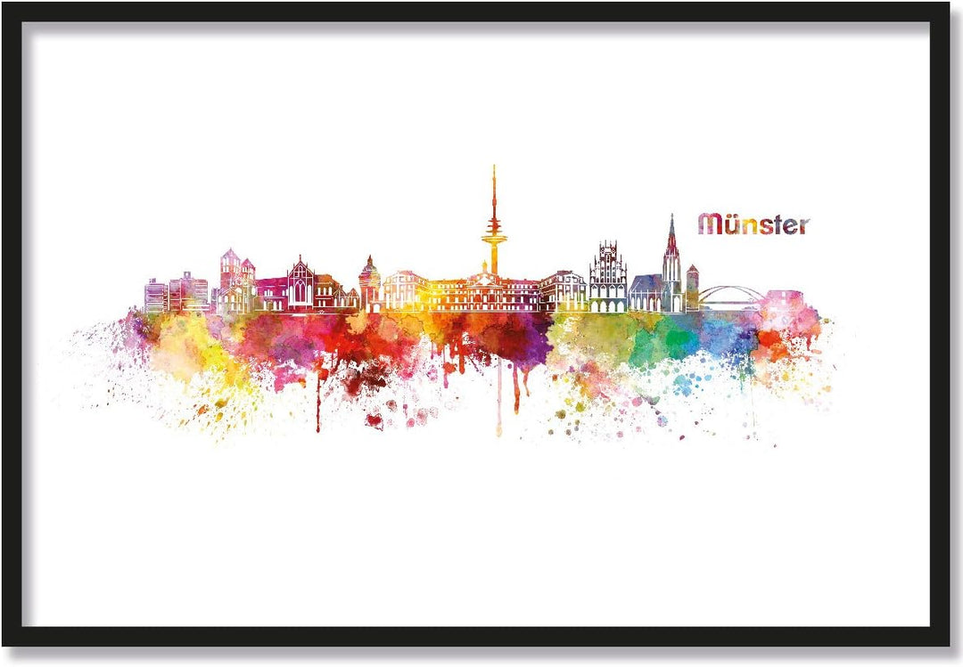 JUNIWORDS Poster mit/ohne Holzrahmen, Wähle ein Motiv, Aquarell Skyline Münster, Wähle eine Grösse,