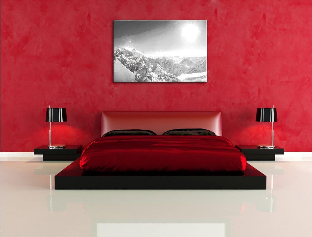 Pixxprint Zugspitze im Sonnenlicht Kohle Zeichnung Effekt, Format: 100x70 auf Leinwand, 100x70