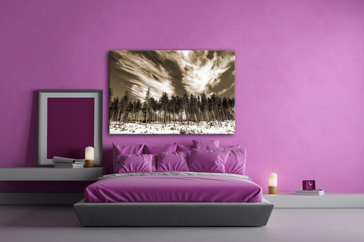 deyoli verschneiter Nadelwald Format: 80x60 Effekt: Sepia als Leinwand, Motiv fertig gerahmt auf Ech