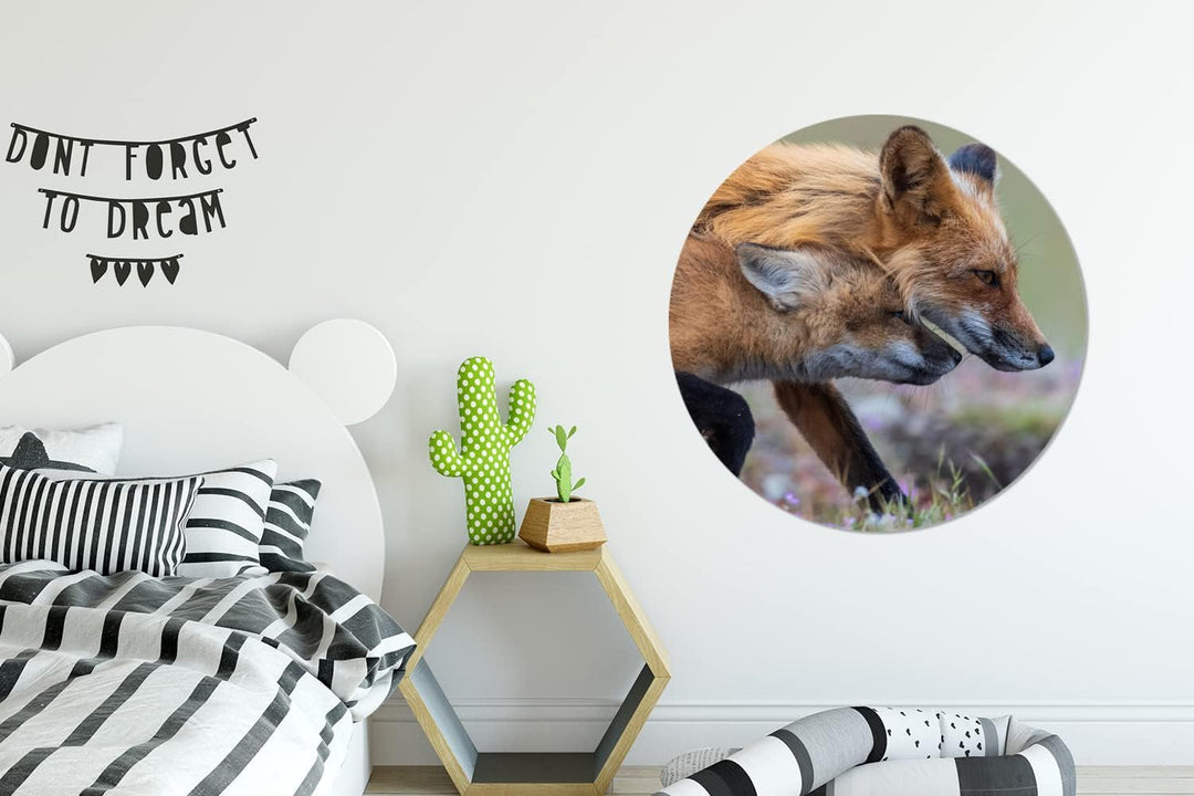 MuchoWow Wandbild Rund Wanddeko Deko Wohnzimmer Bilder 90x90 cm Rotfuchs mit Jungtier, 90x90 cm