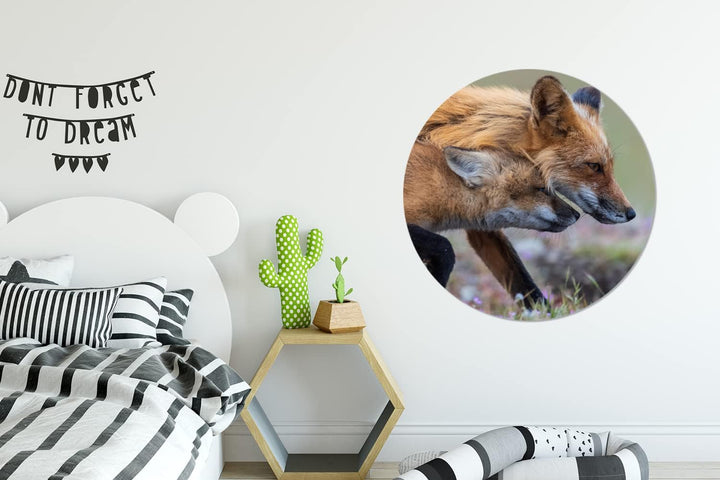 MuchoWow Wandbild Rund Wanddeko Deko Wohnzimmer Bilder 90x90 cm Rotfuchs mit Jungtier, 90x90 cm
