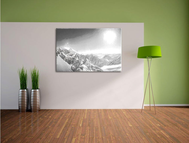 Pixxprint Zugspitze im Sonnenlicht Kohle Zeichnung Effekt, Format: 100x70 auf Leinwand, 100x70
