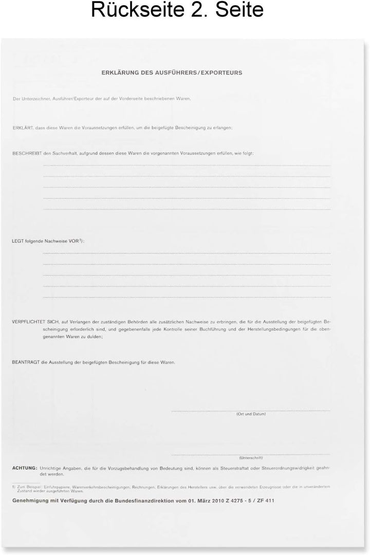 EUR1 EUR.1 Warenverkehrsbescheinigung Formular für Laserdrucker (50 Stck), 50 Stck