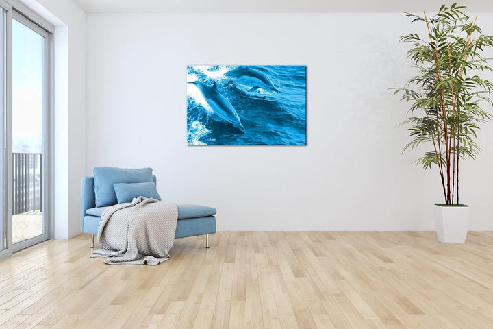 deyoli Verspieltes Delphin paar Format 80x60 Effekt: Monocrome Blau als Leinwandbild, Motiv fertig g