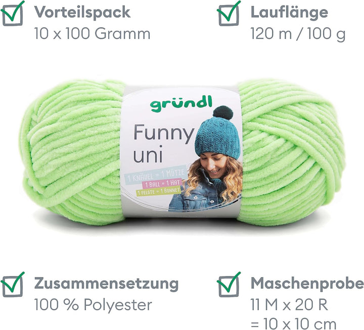 Gründl Funny uni Strick- & Häkelgarn (samtartiges Chenille-Garn aus 100 % Polyester, 10 x 100 g / 12