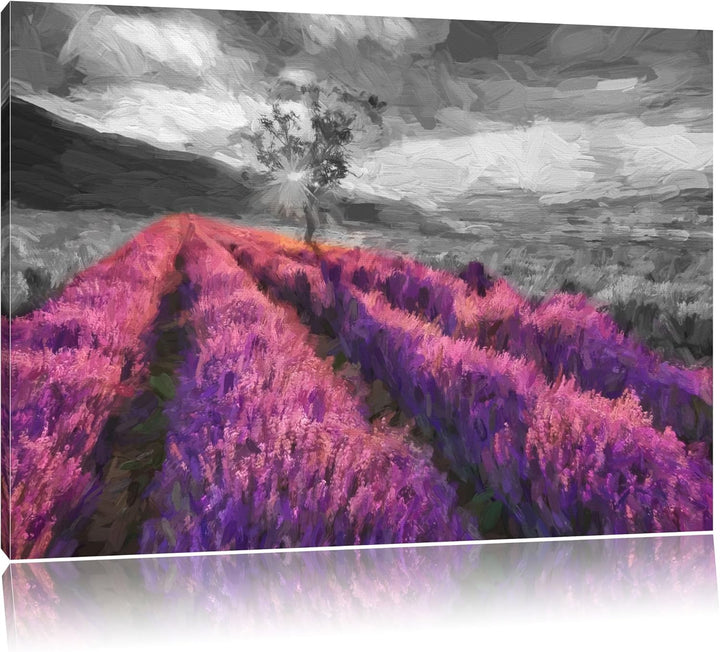 herrliches Lavendelfeld mit einsamen Baum Format: 100x70 auf Leinwand, XXL riesige Bilder fertig ger