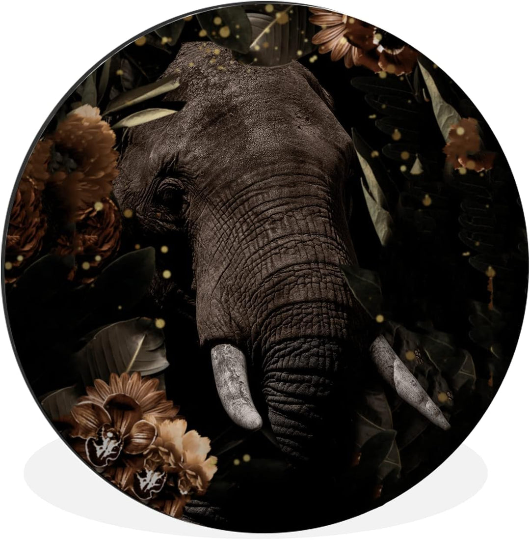MuchoWow Wandbild Rund Wanddeko Deko Wohnzimmer Bilder 30x30 cm Elefant - Blumen - Licht - Botanisch