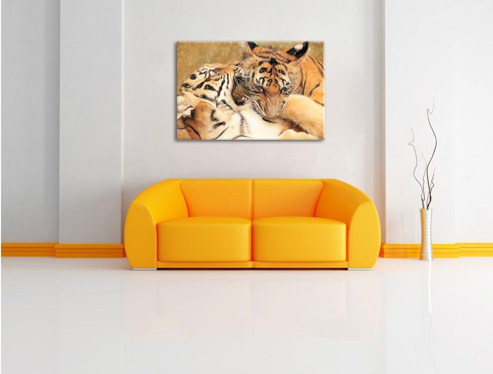 Pixxprint Zwei Junge Tiger beim Kämpfen als Leinwandbild | Grösse: 100x70 | Wandbild| Kunstdruck | f