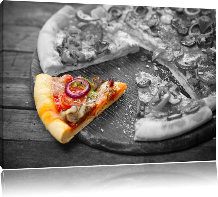 geschnittene Pizza auf Holzbrett schwarz/weiss Format: 100x70 auf Leinwand, XXL riesige Bilder ferti