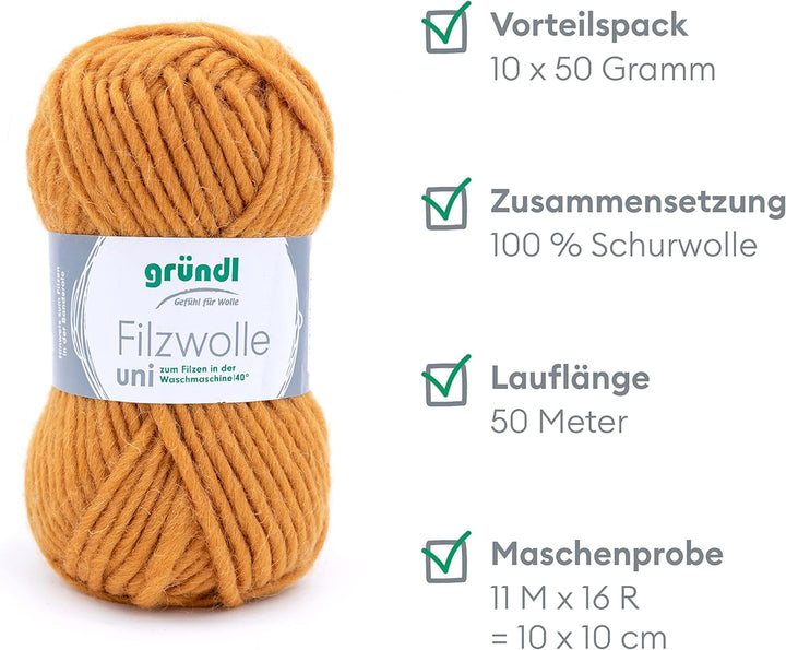 Gründl Filzwolle uni (Wolle zum Filzen, Stricken und Häkeln, Garn aus 100 % Schurwolle, 50 g / 50 m,