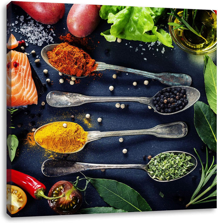 Feine Gewürze auf Löffeln, Format: 70x70 auf Leinwand, XXL riesige Bilder fertig gerahmt mit Keilrah