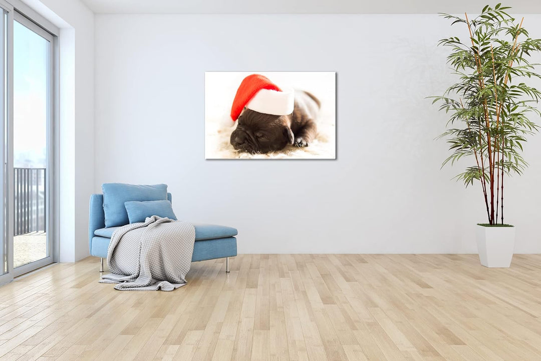 deyoli süsser Hund mit Weihnachtsmütze im Format: 80x60 als Leinwandbild, Motiv fertig gerahmt auf E