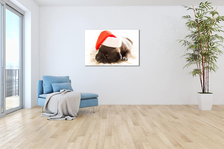 deyoli süsser Hund mit Weihnachtsmütze im Format: 80x60 als Leinwandbild, Motiv fertig gerahmt auf E