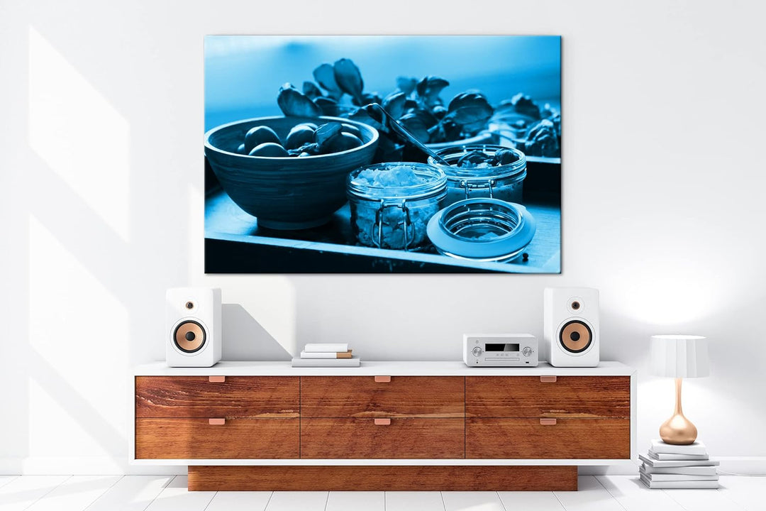 deyoli Tomaten mit Schafskäse Format 80x60 Effekt: Monocrome Blau als Leinwandbild, Motiv fertig ger