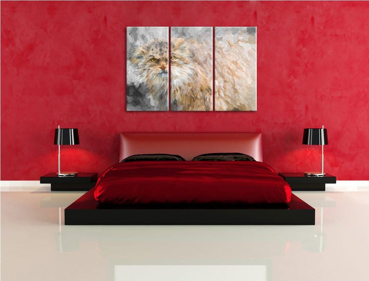 gereizte kleine Manul schwarz/weiss Deluxe 3-Teiler Leinwandbild 120x80 Bild auf Leinwand, XXL riesi