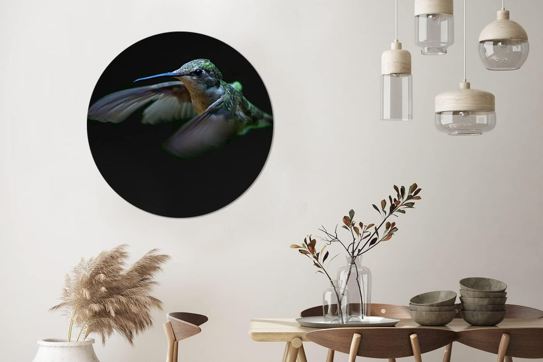 MuchoWow Wandbild Rund Wanddeko Deko Wohnzimmer Bilder 90x90 cm Kolibri - Federn - Schwarz, 90x90 cm